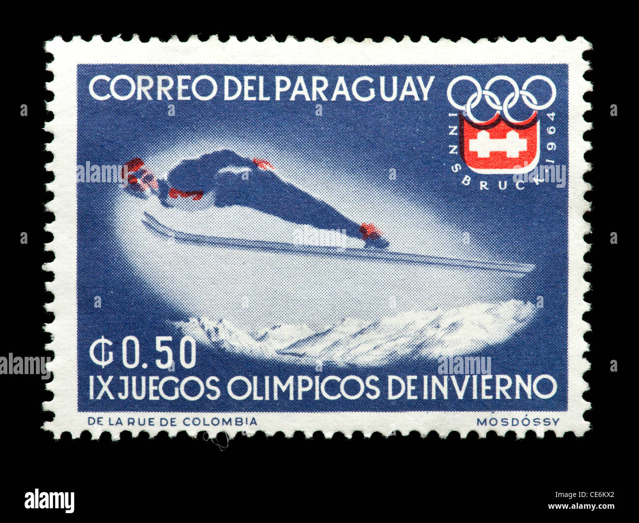 Timbre du Paraguay représentant un cavalier de ski. Banque D'Images