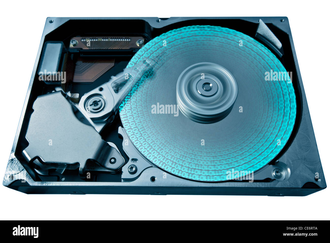 Détail symbolique d'un disque dur ouvert et certaines données dans les tons bleus, Banque D'Images