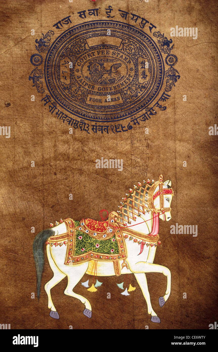 Cheval peint sur quatre annas frais judiciaires stamp timbre ancien fait main du gouvernement de l'Inde Rajasthan jaipur papier Banque D'Images