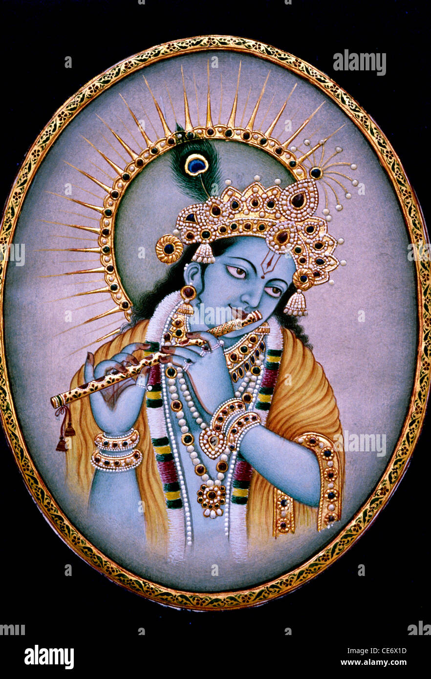 BDR 83490 : peinture de dieu Krishna jouer instruments musique flûte bansuri Banque D'Images