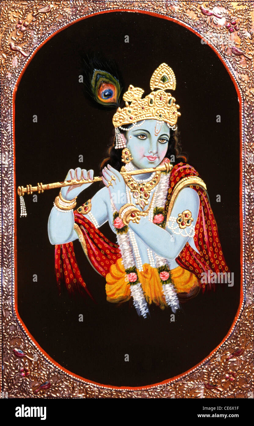 Peinture miniature ; Lord Krishna jouant de la flûte d'instruments de musique ; inde ; asie Banque D'Images