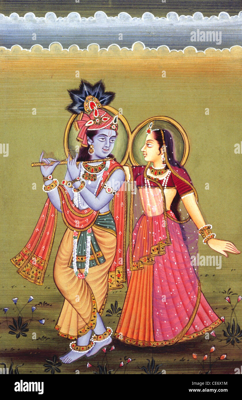 BDR 83493 : peinture de dieu Krishna jouer instruments musique flûte avec son plus grand dévot Radha inde Banque D'Images