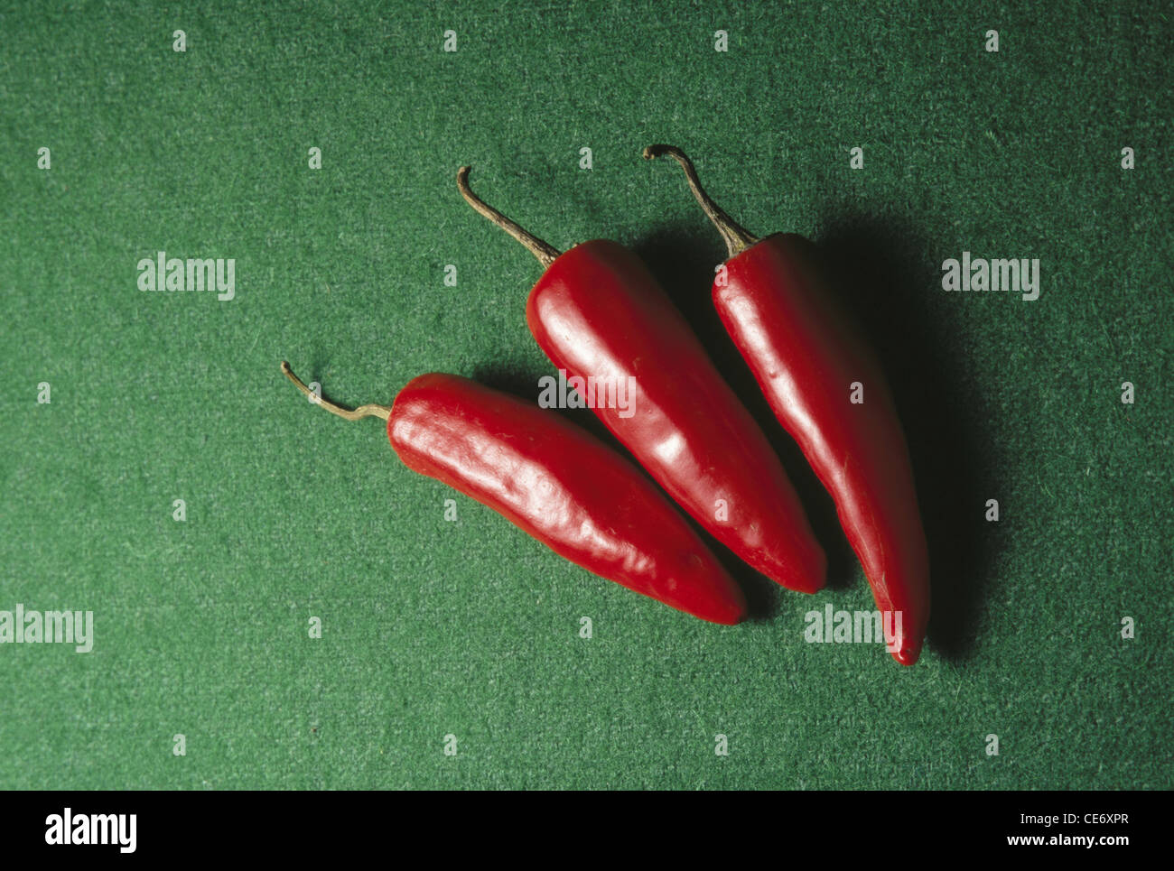83680 AAD : trois rouge piment rouge piment rouge frais chillys rouge sur fond vert Banque D'Images