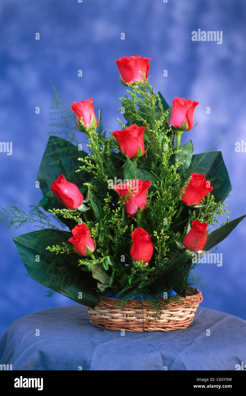 BDR 86328 : arrangement de fleurs artificielles de 10 roses rouges et verts avec fond bleu Banque D'Images