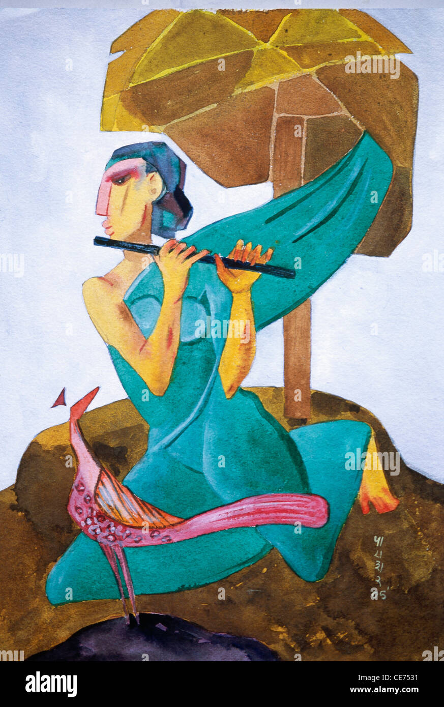 Peinture de femme jouant de flûte et de paon et d'arbre ; inde ; asie Banque D'Images