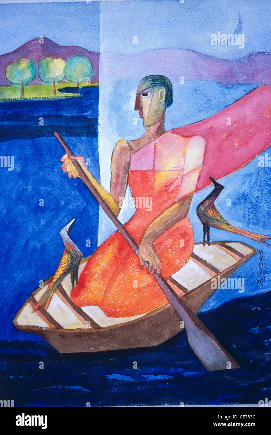 Homme ramer un bateau oar oiseaux arbres lune aquarelle peinture Banque D'Images