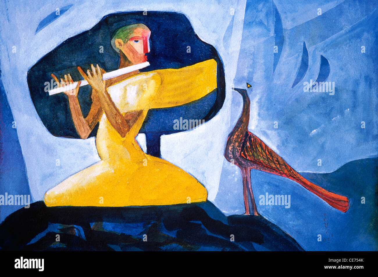 84595 STP : Peinture de l'homme jouant de la flûte assis sur un rocher oiseau arbre lune peintre satish parashar Banque D'Images