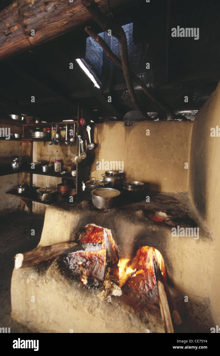 84772 AAD : flamme indienne cuisine au bois d'Mompas tribu dans l'Arunachal Pradesh, Inde Banque D'Images