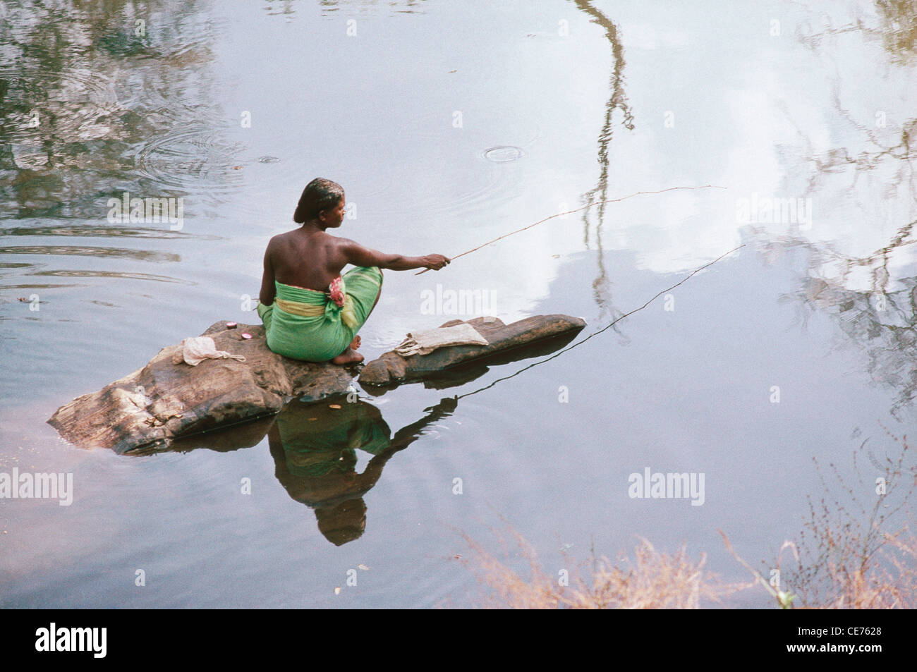 Femme tribale pêchant dans la rivière Moyar ; Parc national de Mudumalai ; Sanctuaire de la faune de mudumalai ; tamil nadu ; inde ; asie Banque D'Images