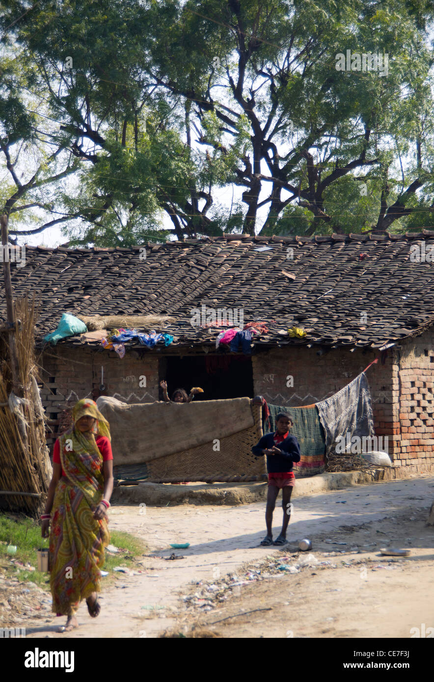 Femme indienne dans un sari marche sur une route de village. Sol carrelé hut en arrière-plan avec un arbre Banque D'Images