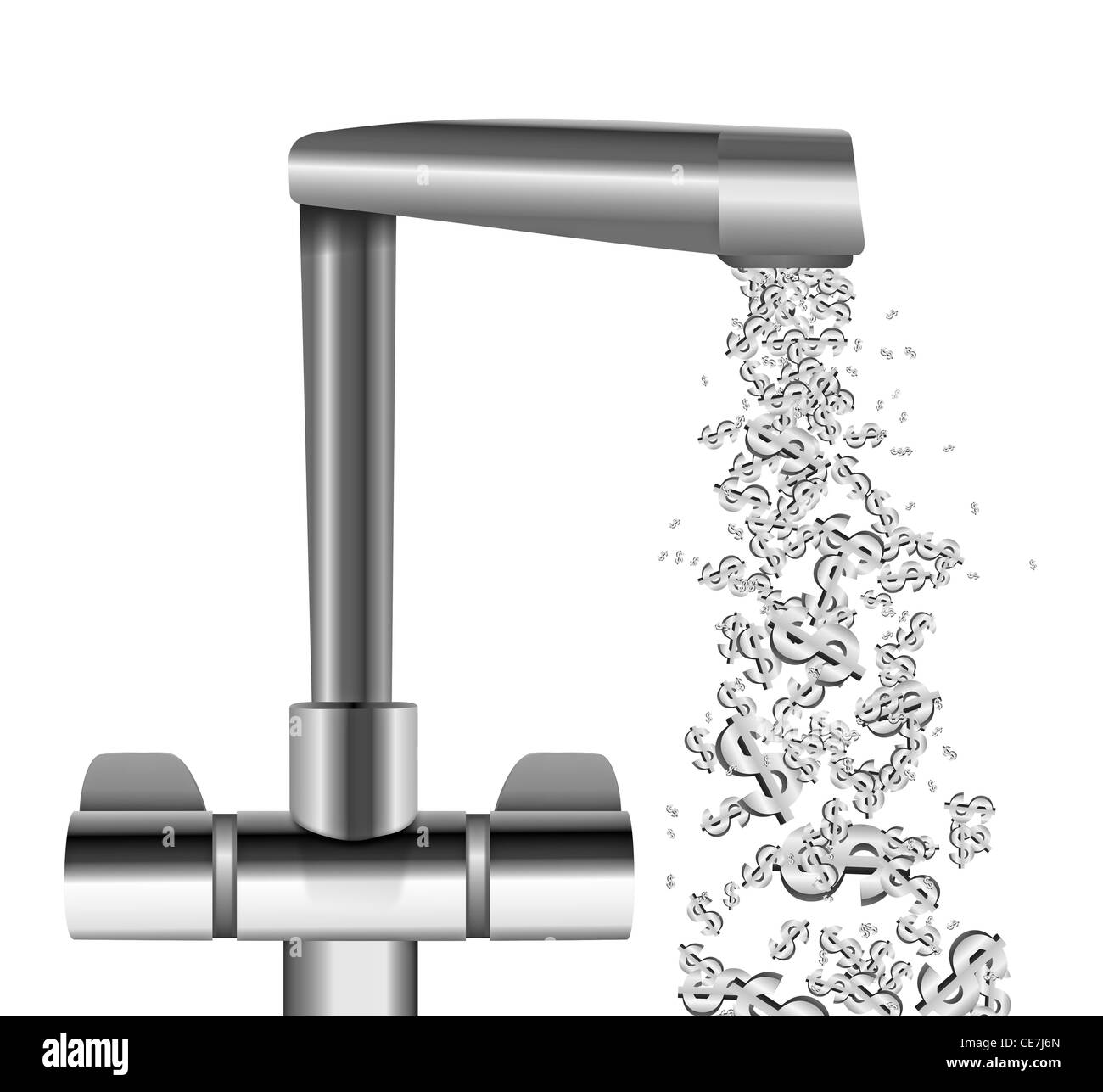 Illustration représentant un robinet chrome métallique avec le symbole du dollar US découlant de la buse contre un fond blanc. Banque D'Images