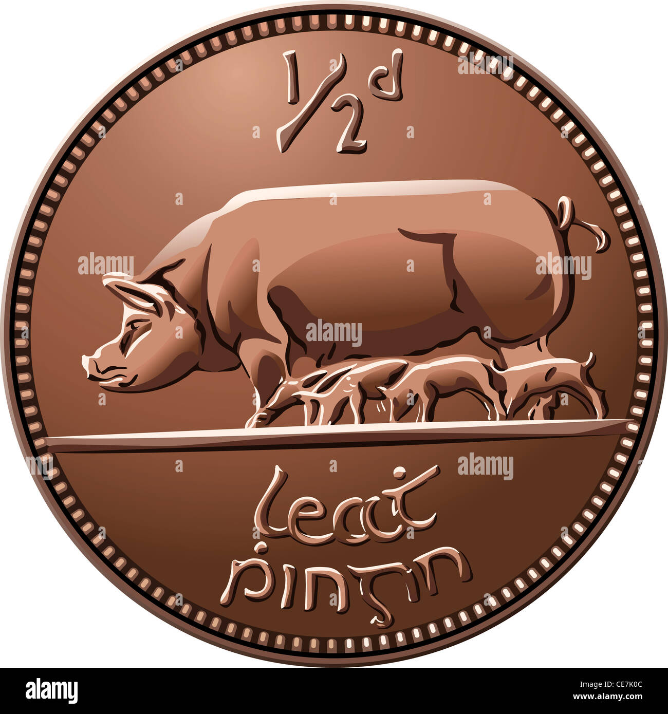 La moitié de l'argent monnaie irlandaise cooper penny avec sow et les porcelets, isolé sur fond blanc Banque D'Images