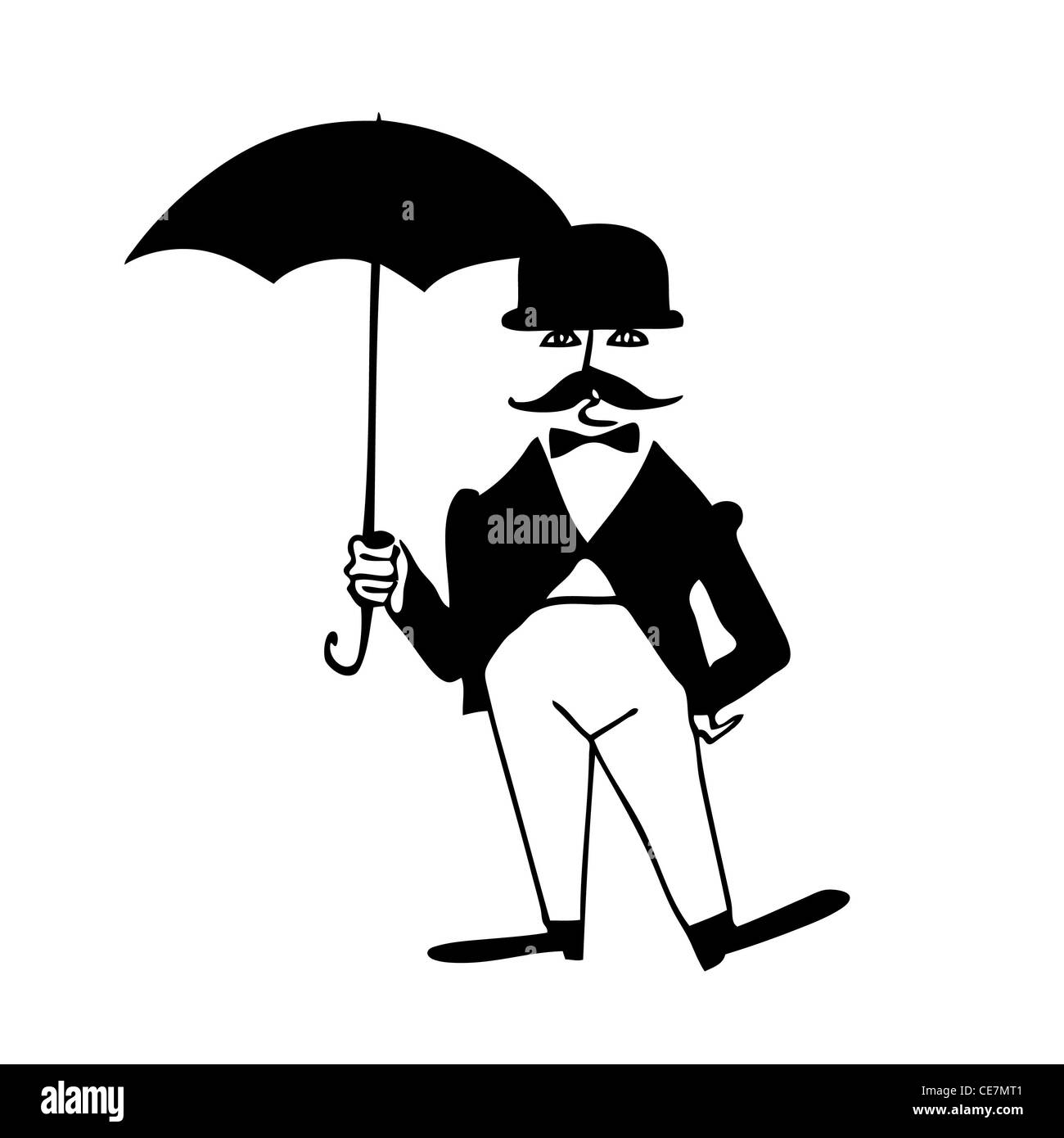 Silhouette vecteur du gentilhomme avec parapluie sur fond blanc Banque D'Images