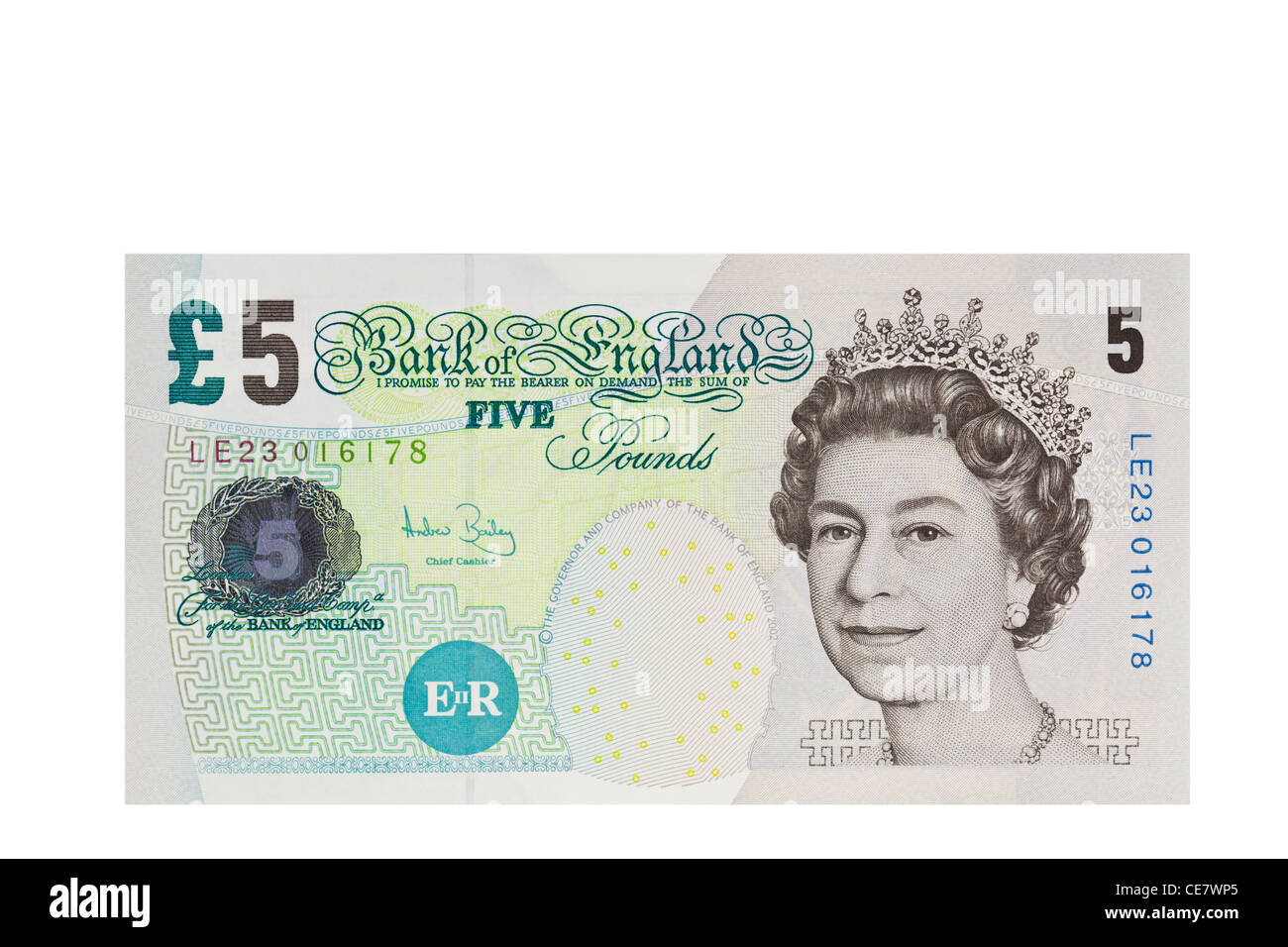 Cinq anglais pound note sur un fond blanc Banque D'Images