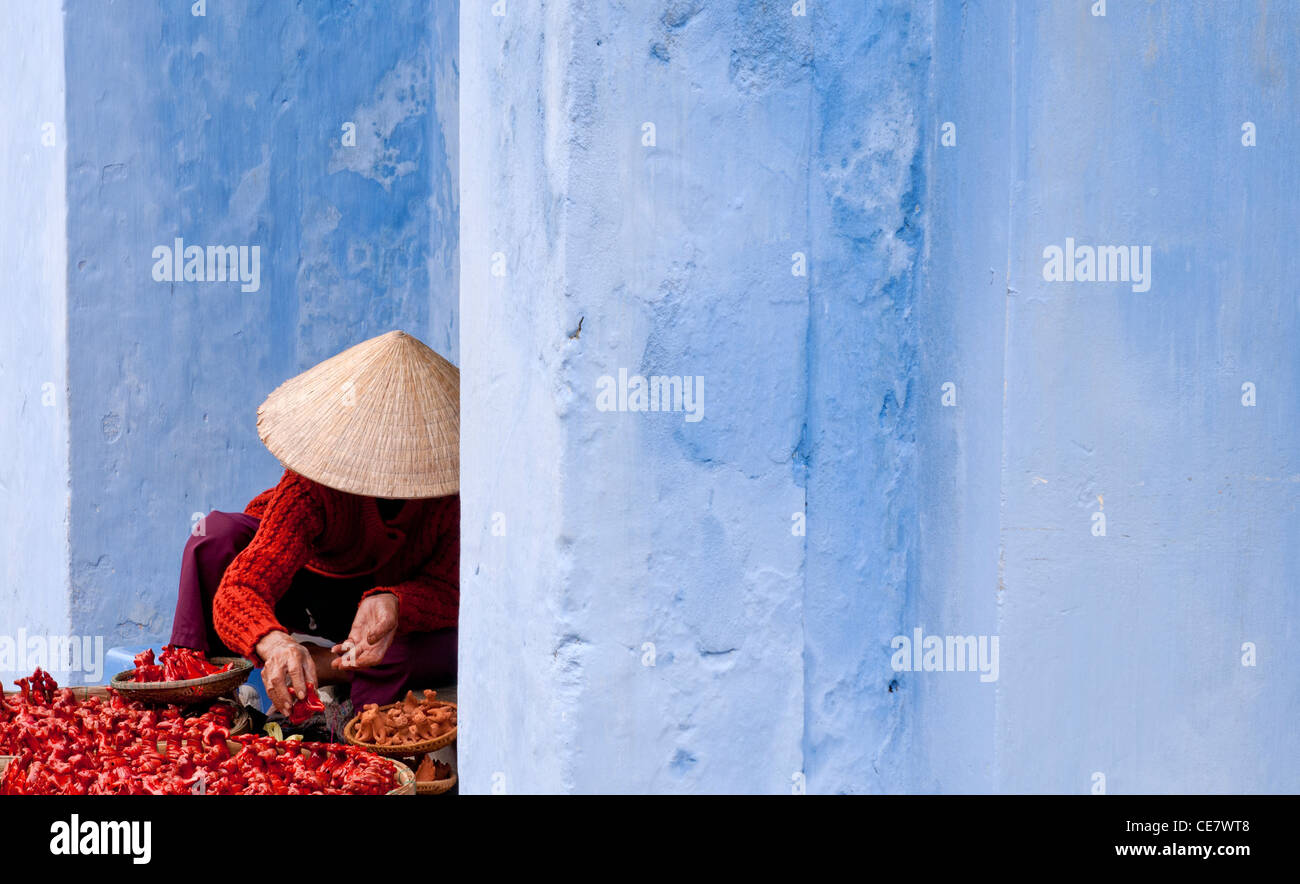 Hawker femelle dans Nguyen Thai Hoc St, Hoi An, Viet Nam Banque D'Images