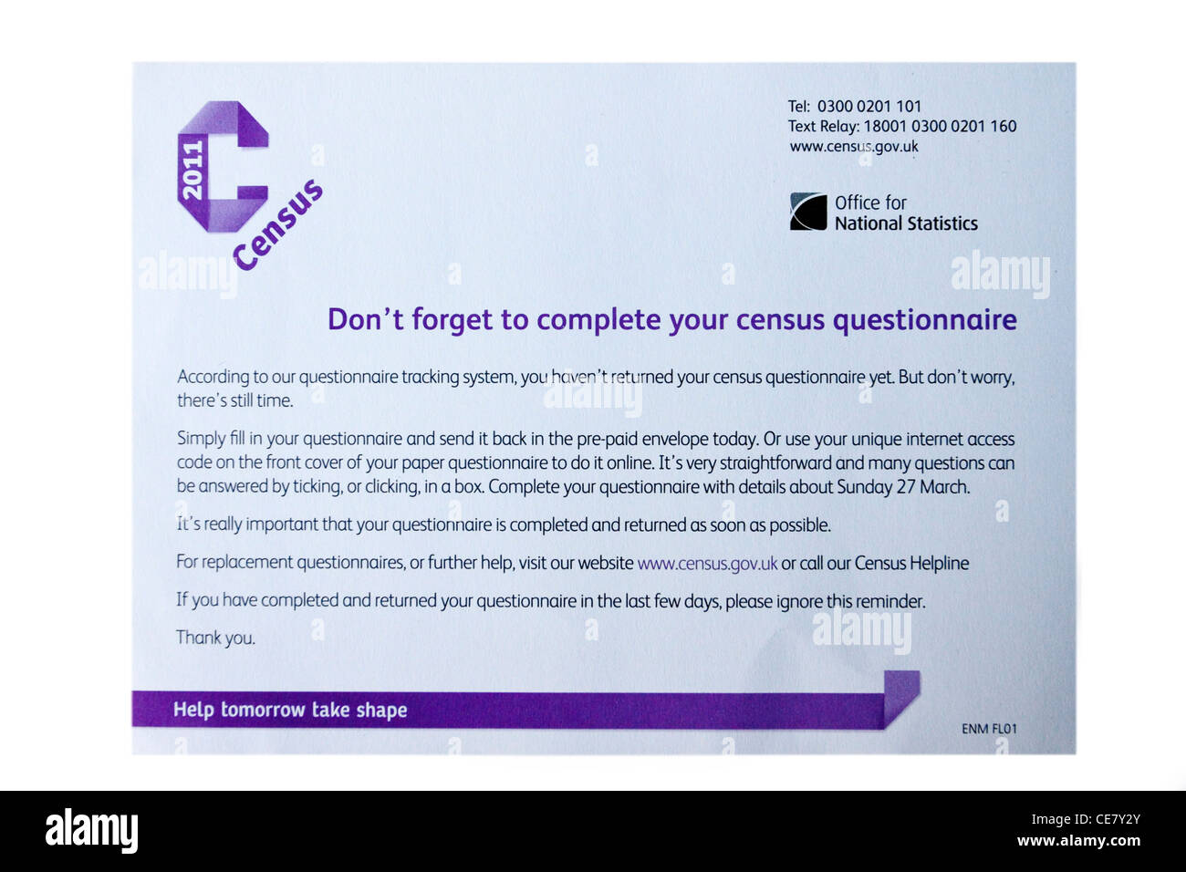Formulaire de recensement 2011 Rappel pour terminer Banque D'Images