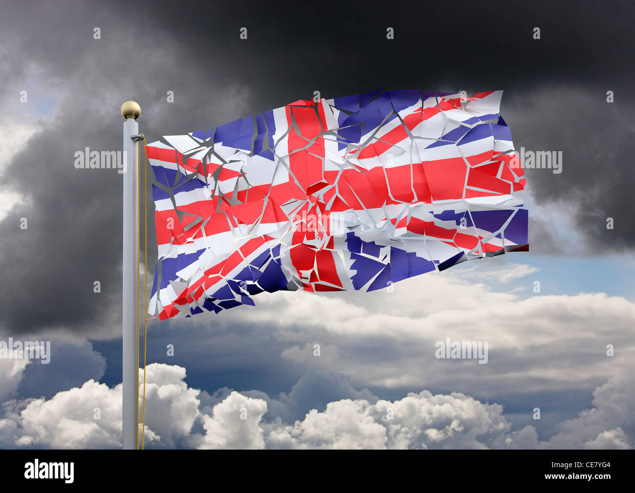 Union Jack craque - pays divisé / troubles et divisions / problèmes britanniques / questions économiques / Grande-Bretagne brisée / concepts de contrat social Banque D'Images