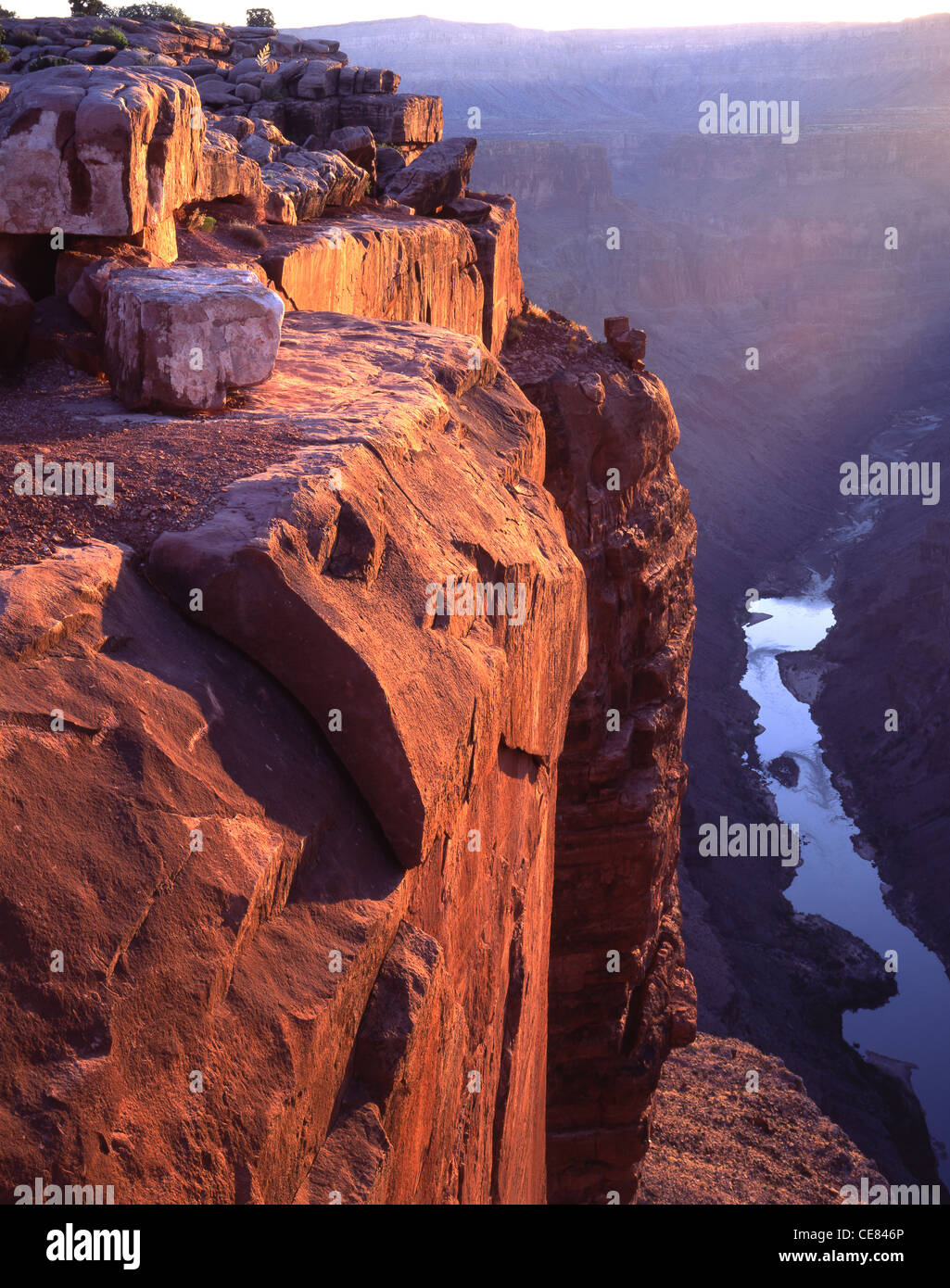 Au lever du soleil d'été Toroweep Point sur la rive nord du Grand Canyon, Arizona, montrant 3000 pied tombant à Colorado River Banque D'Images
