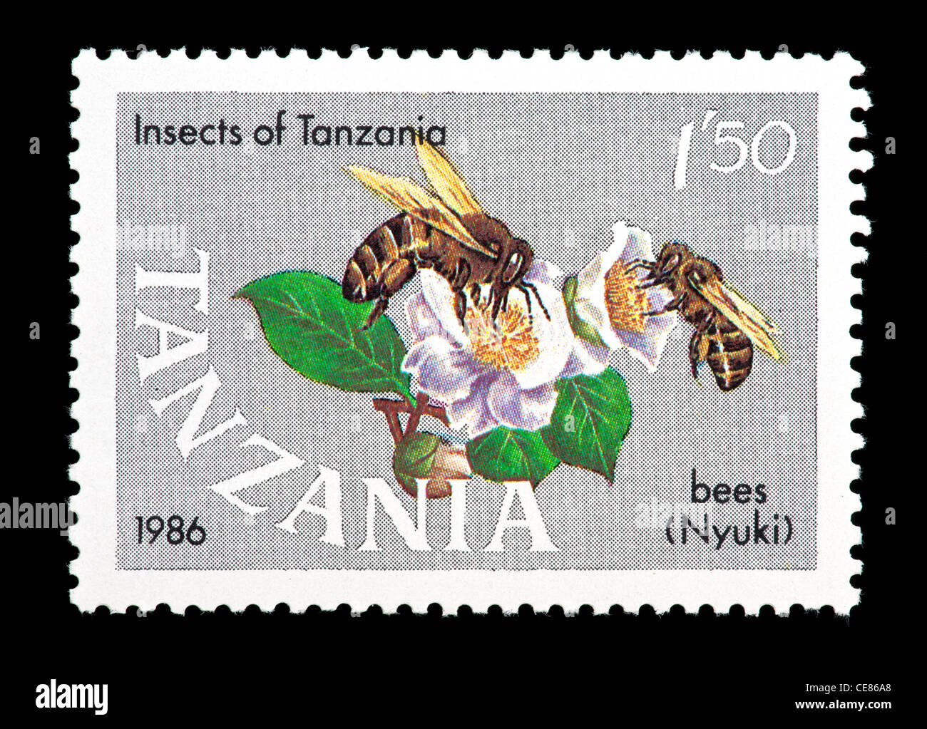 Timbre de Tanzanie illustrant les abeilles pollinisent une fleur Banque D'Images