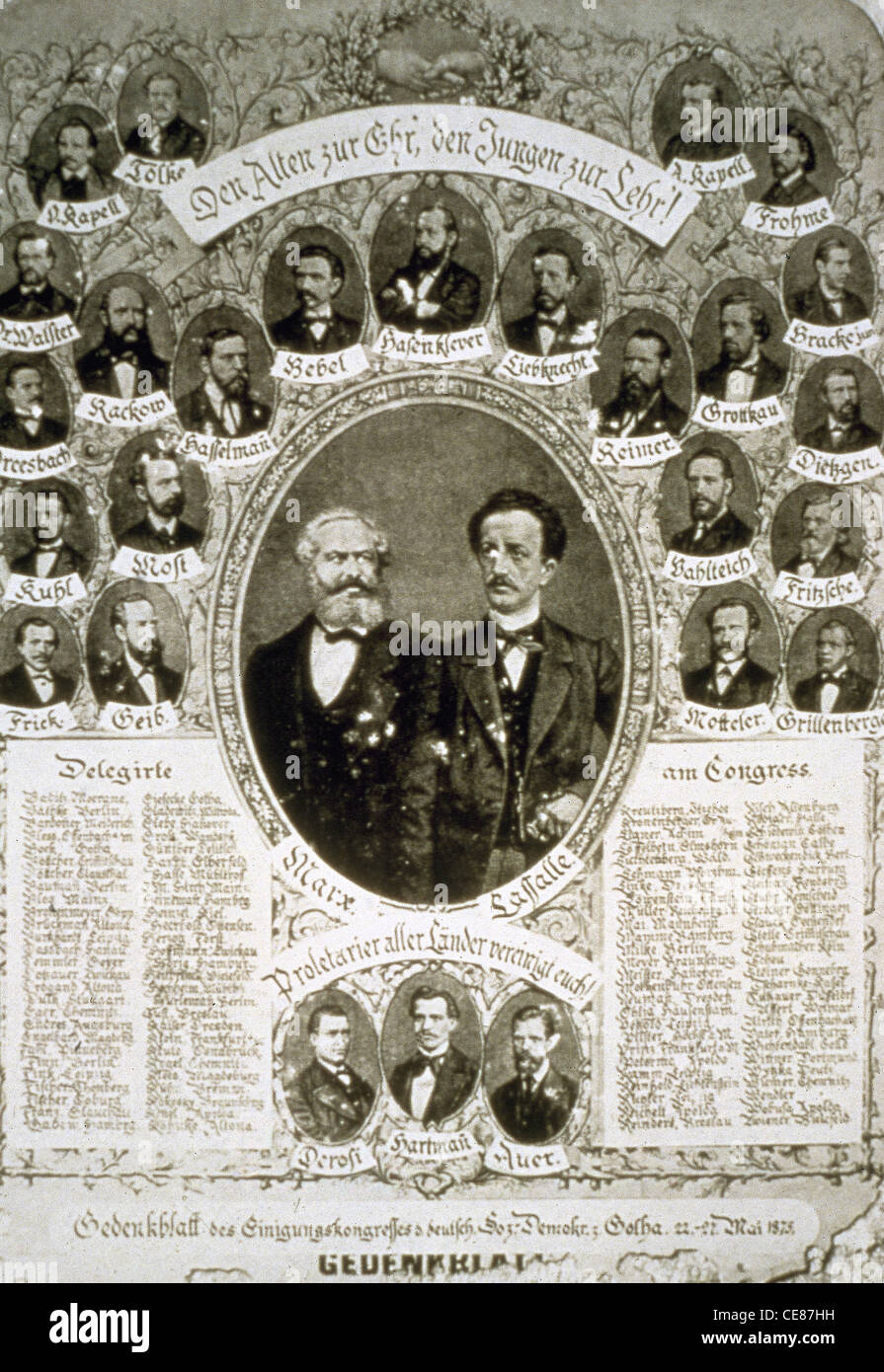 L'Allemagne. Le congrès de Gotha, 1875. Fiche de rappel avec portrait de Marx et de Lassalle au centre. Banque D'Images