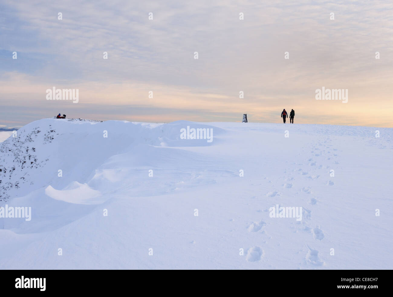 Les randonneurs en train de faire sur le sommet d'Helvellyn en hiver dans le Lake District Banque D'Images