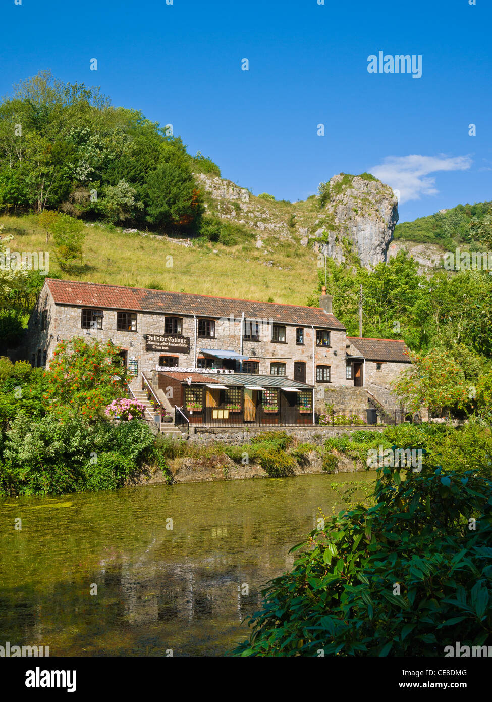 Un cottage et un salon de thé surplombant l'étang du moulin à Cheddar gorge, Somerset, Angleterre. Banque D'Images