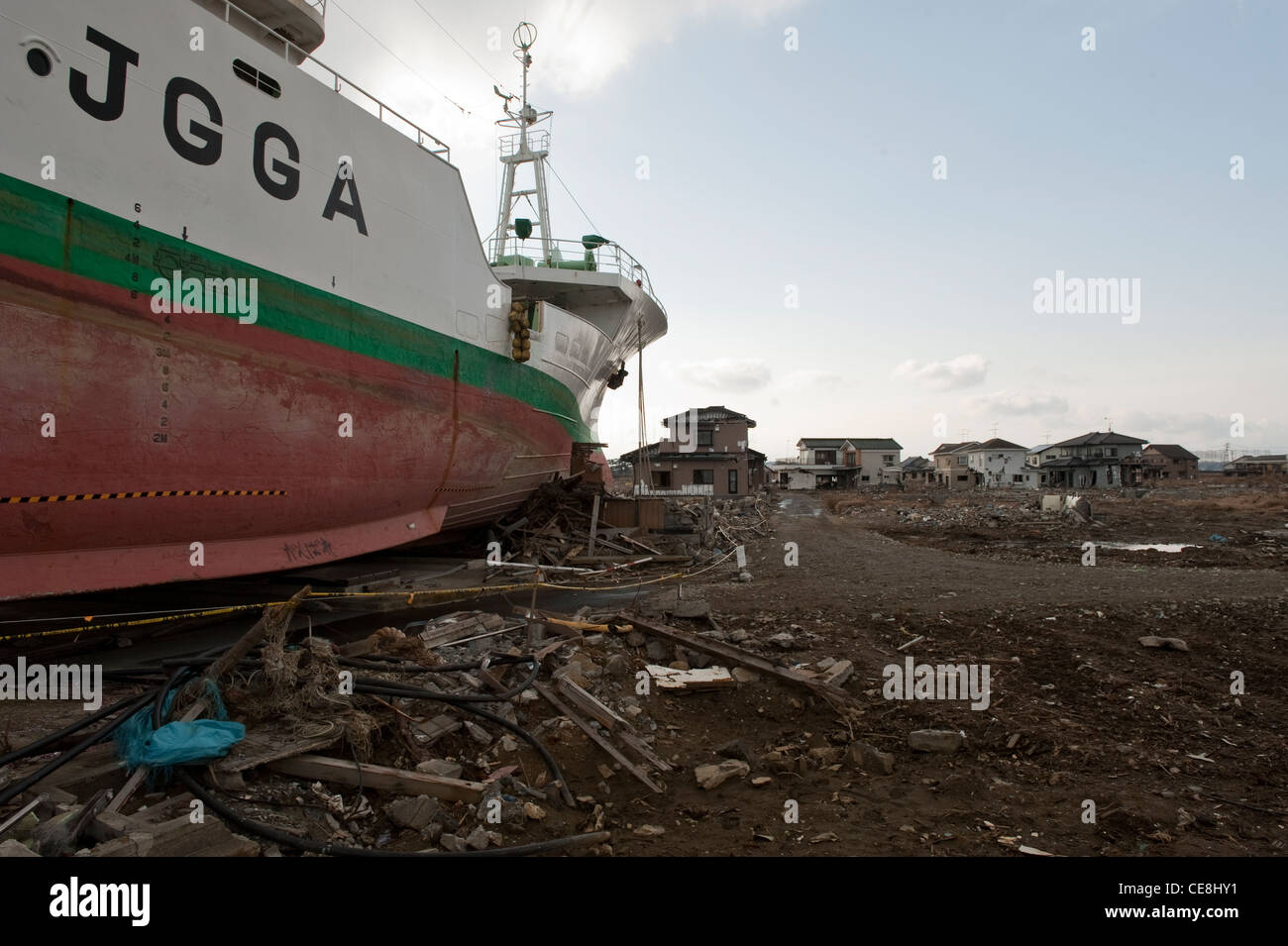 1er anniversaire de la Japanese tsunami approche, dommages causés par un tsunami dans la région de mayagi - ishinomaki & ville de Sendai. Banque D'Images