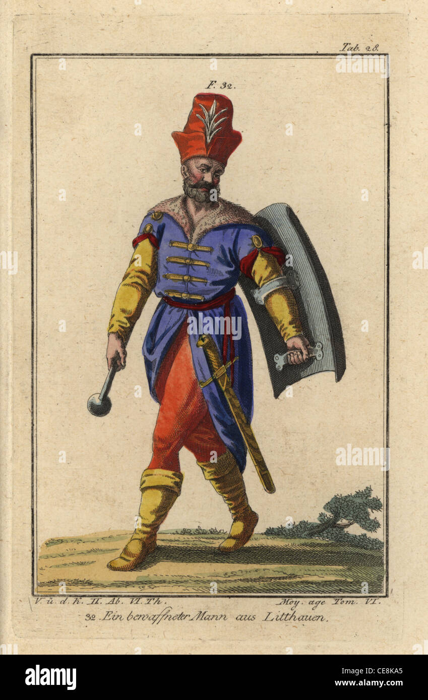 Homme armé de Lituanie, avec mace, épée et bouclier. Banque D'Images