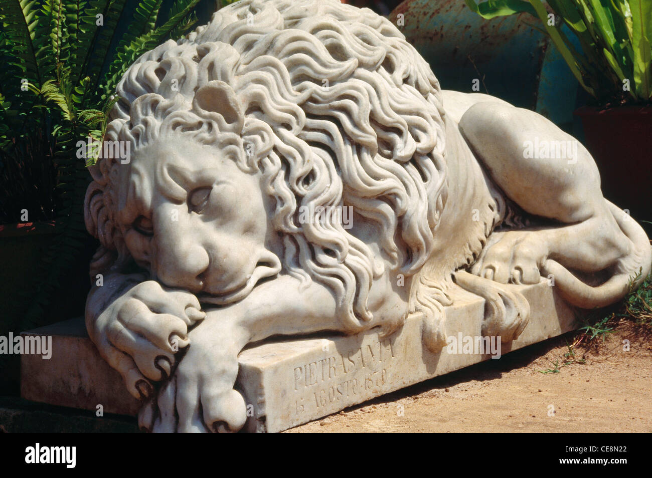 80879 ASM : lion endormi sculpture sur pierre Banque D'Images