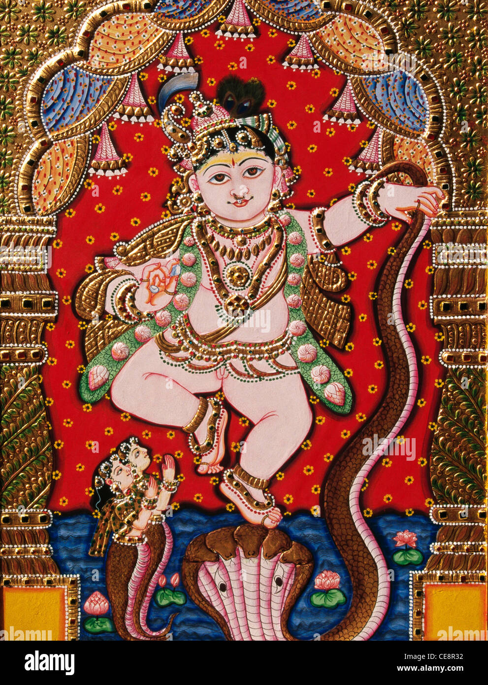 BDR 80567 : Seigneur Bal jeune Krishna dansant sur un serpent tanjore peinture scolaire Banque D'Images