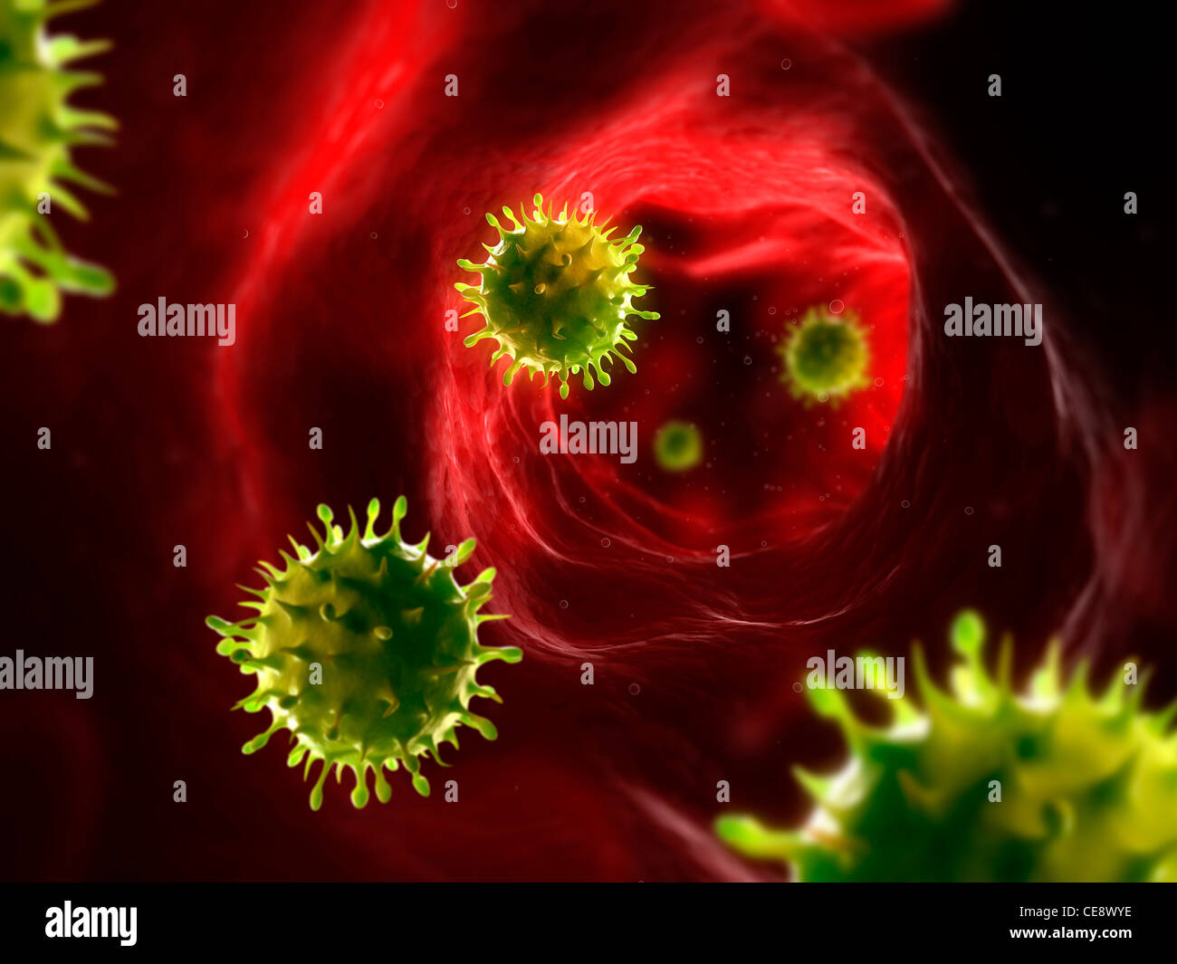 Infection virale, œuvres d'ordinateur conceptuel. Les particules de virus dans le sang. Banque D'Images