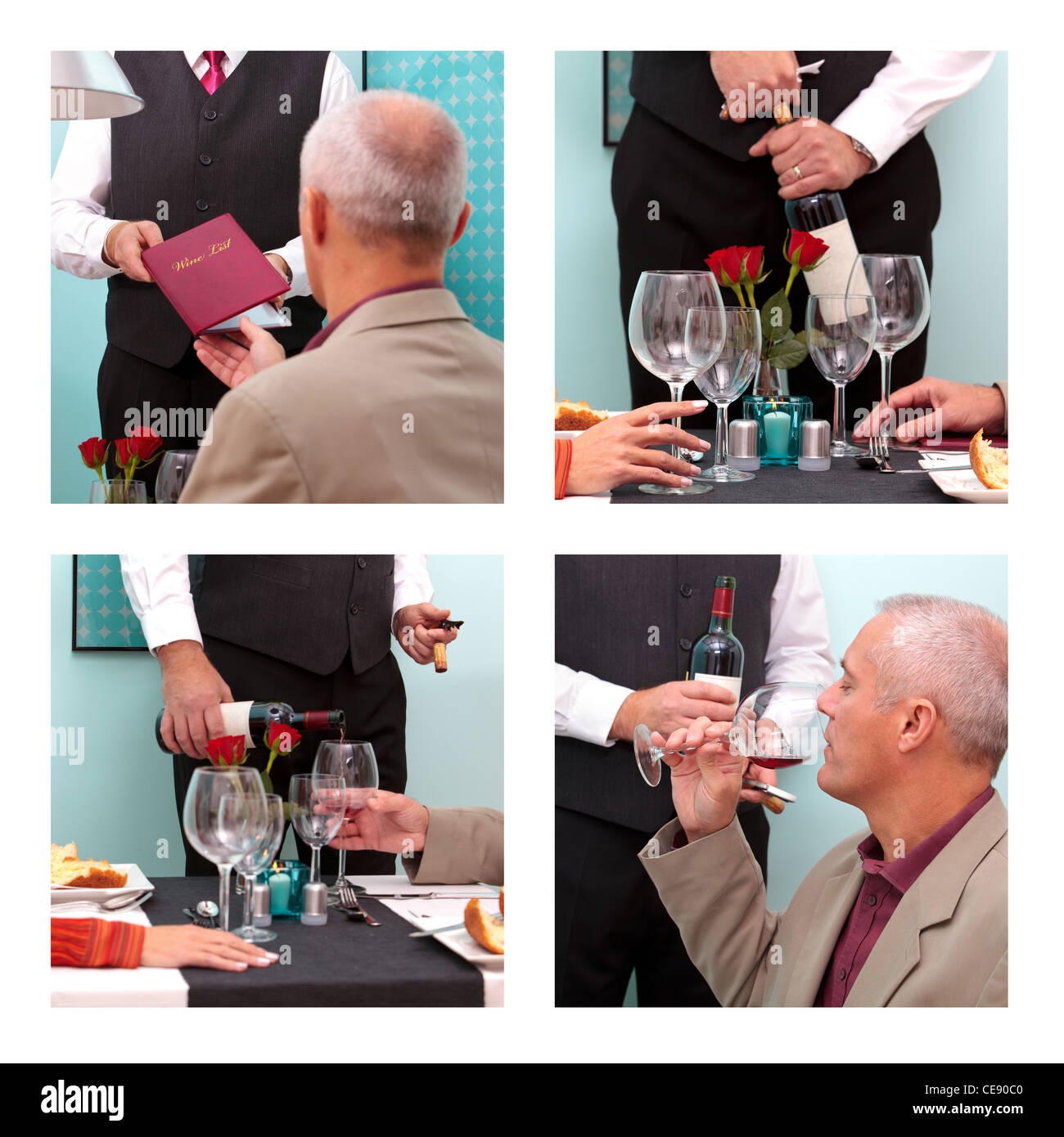 Montage de photos montrant un homme mûr et dégustation de vin commande un sommelier dans un restaurant. Banque D'Images