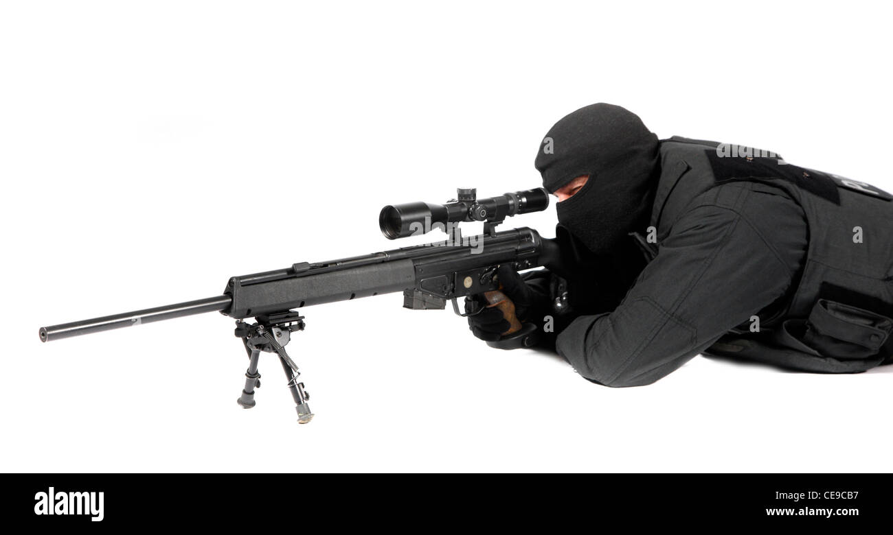 Police, SWAT Team. L'unité des opérations spéciales de police, lutte contre le terrorisme ,, preneurs d'otages, le crime organisé. Sniper. Banque D'Images Police, SWAT Team. L'unité des opérations spéciales de police, lutte contre le terrorisme ,, preneurs d'otages, le crime organisé. Sniper. Banque D'Images