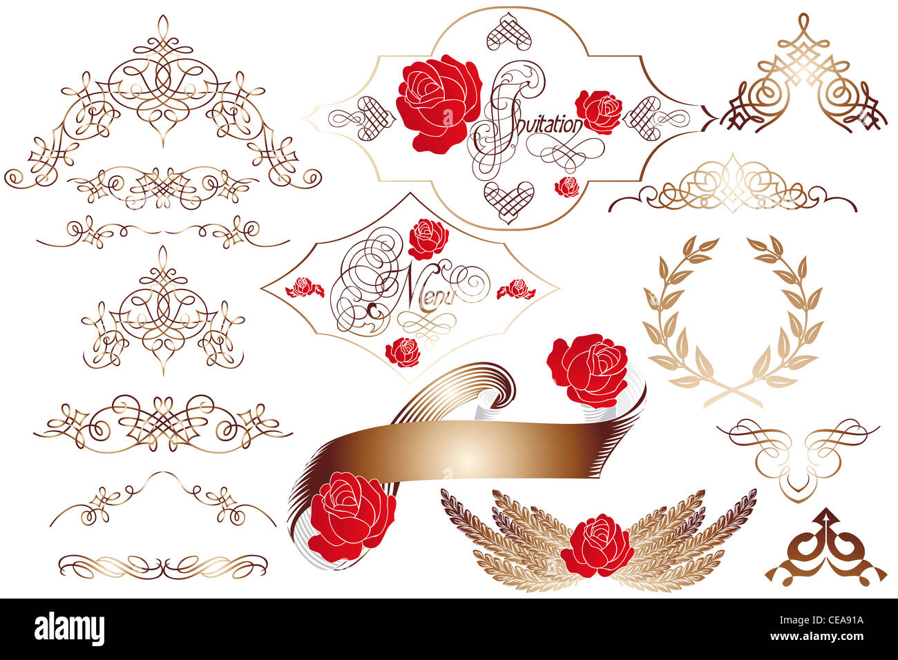 Grand ensemble d'éléments de calligraphie isolé sur fond blanc pour embellir les modèles Banque D'Images