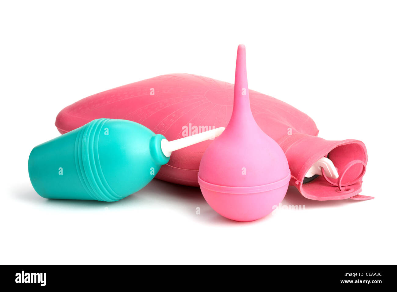 Bouteille à eau chaude médicale et les procédures pour l'ampoule du côlon sur fond blanc Banque D'Images