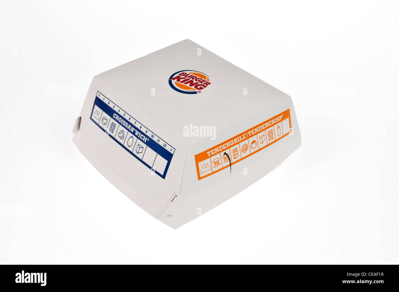 Burger King sandwich au poulet, mais encore croustillants dans boîte d'emballage sur fond blanc dentelle USA Banque D'Images