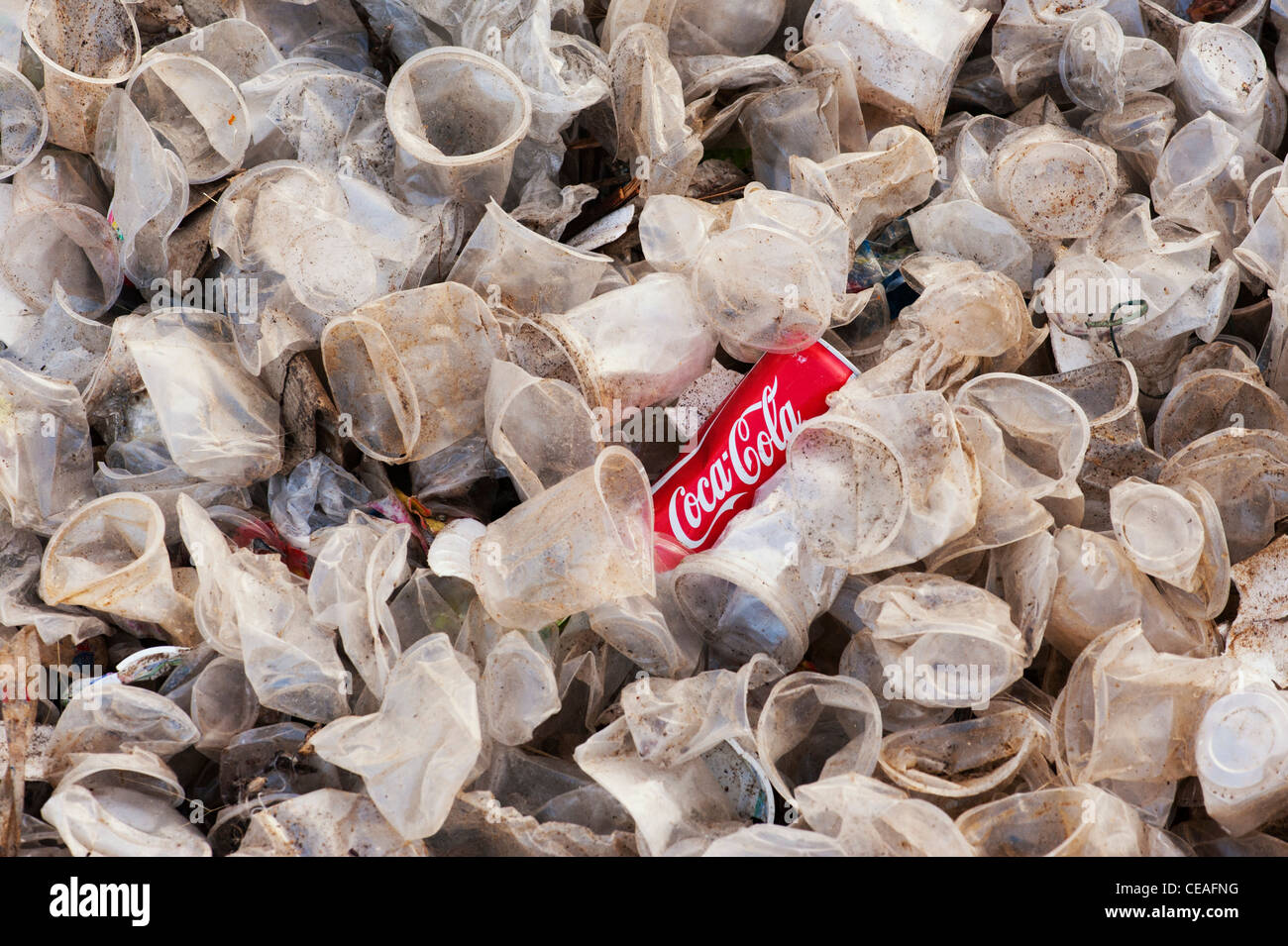 Coca cola boissons peut jeter et en plastique tasses dans la campagne indienne Banque D'Images