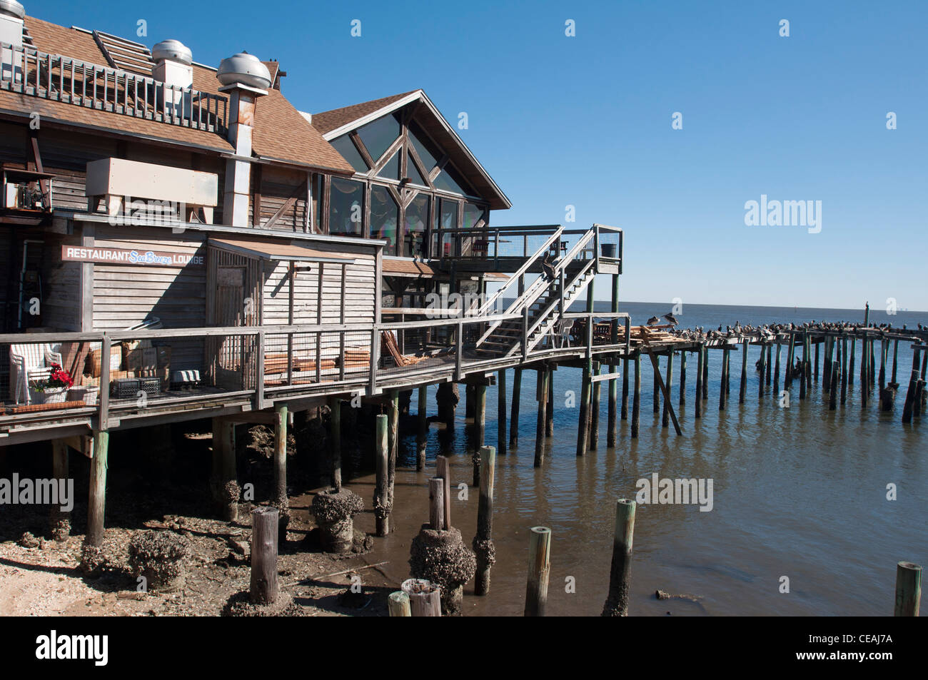 Bâtiments riverains sur pilotis dans la ville touristique de Cedar Key, Golfe du Mexique, Floride. Architecture rustique en bois au-dessus de l'eau par une journée ensoleillée. Banque D'Images