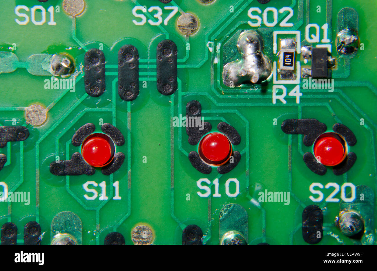 Macro Image des voyants sur la partie d'un circuit électronique. Banque D'Images