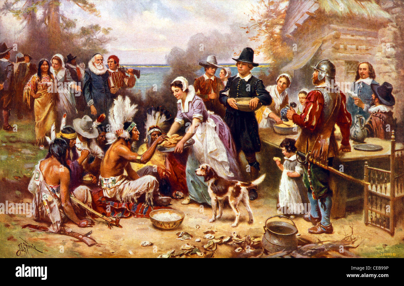 Imprimé vintage représentant le premier Thanksgiving en 1621. Banque D'Images