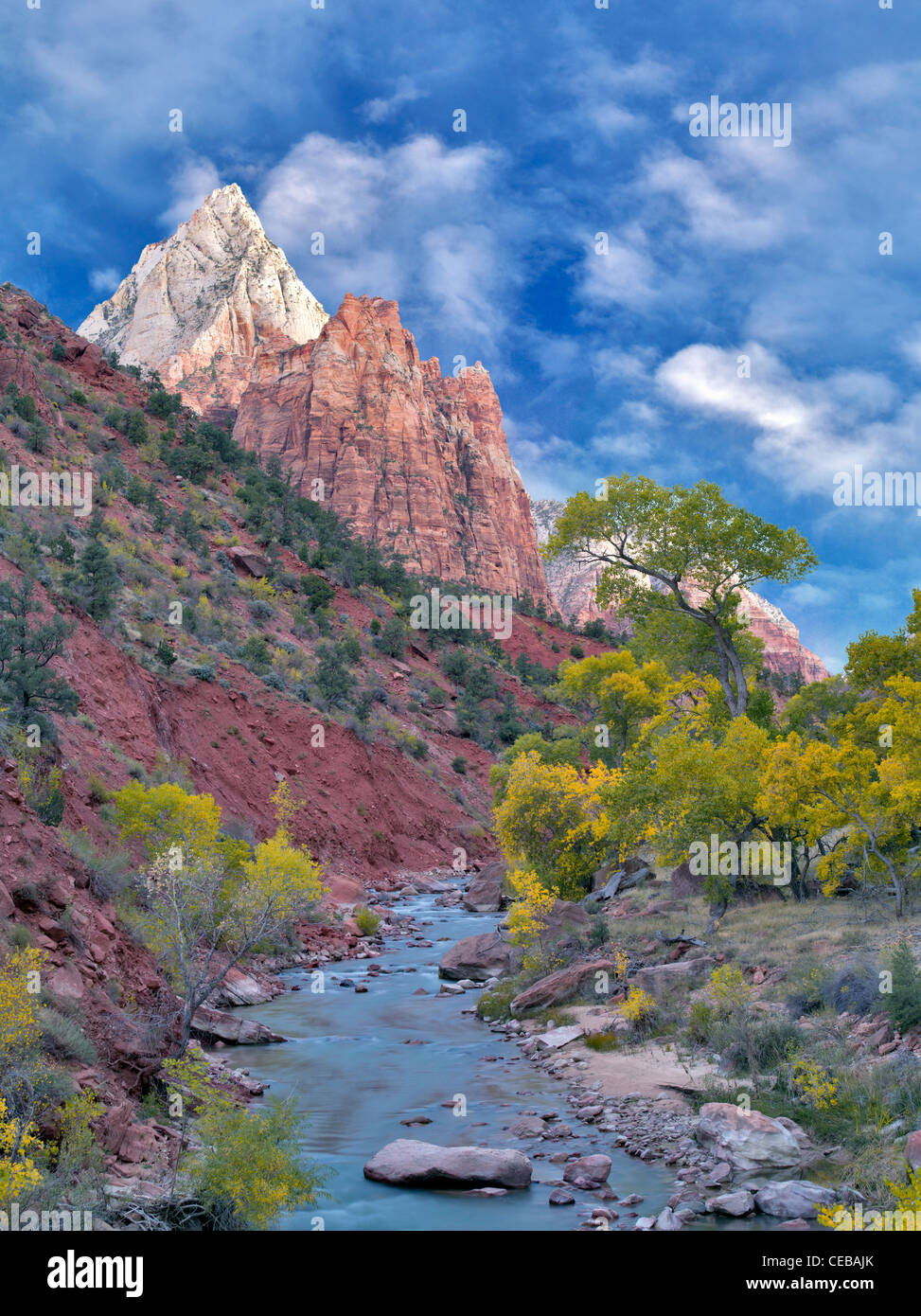 Virgin River et Trois patriarches. Zion National Park, Utah. Banque D'Images