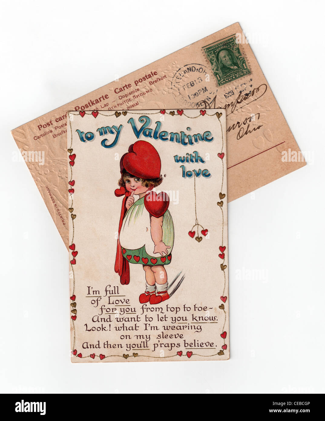 Vintage valentine cartes postales avec des poèmes et des illustrations, le cachet de 1914. Banque D'Images