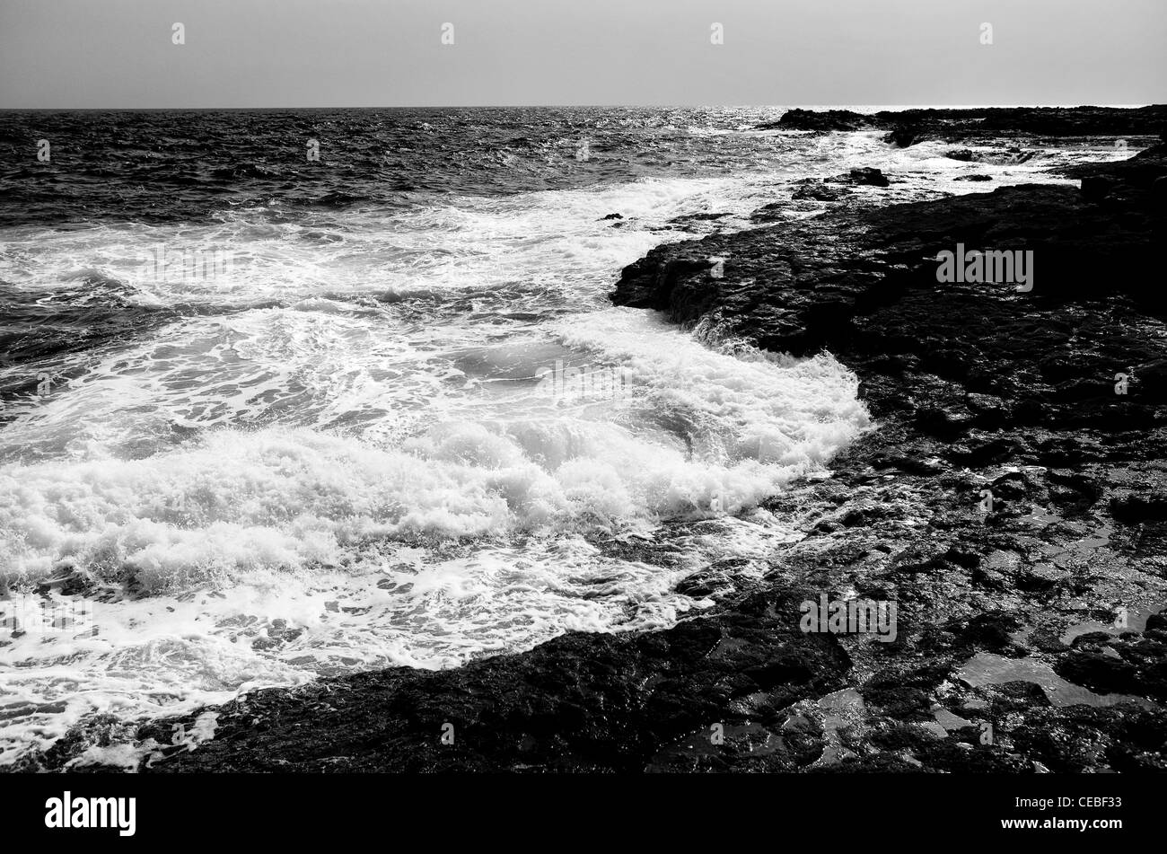 Côte de la roche volcanique de Fuerteventura en noir et blanc. Banque D'Images