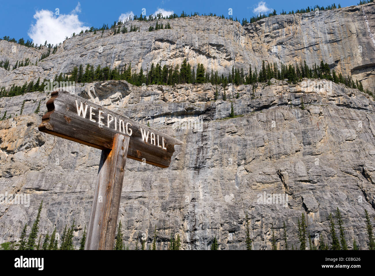 Panneau indiquant la "Paroi en pleurs', malheureusement pas des pleurs en août, quand la photographie a été prise. Promenade des glaciers, Alberta, Canada Banque D'Images