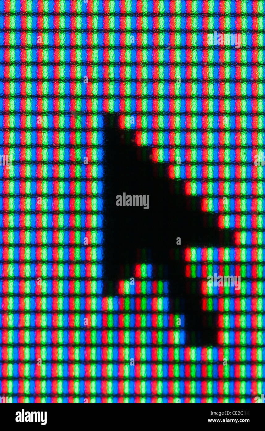 Libre d'un TFT écran de l'ordinateur montrant la 3-additif de synthèse couleur utilisée, avec un point de couleur par pixel Banque D'Images