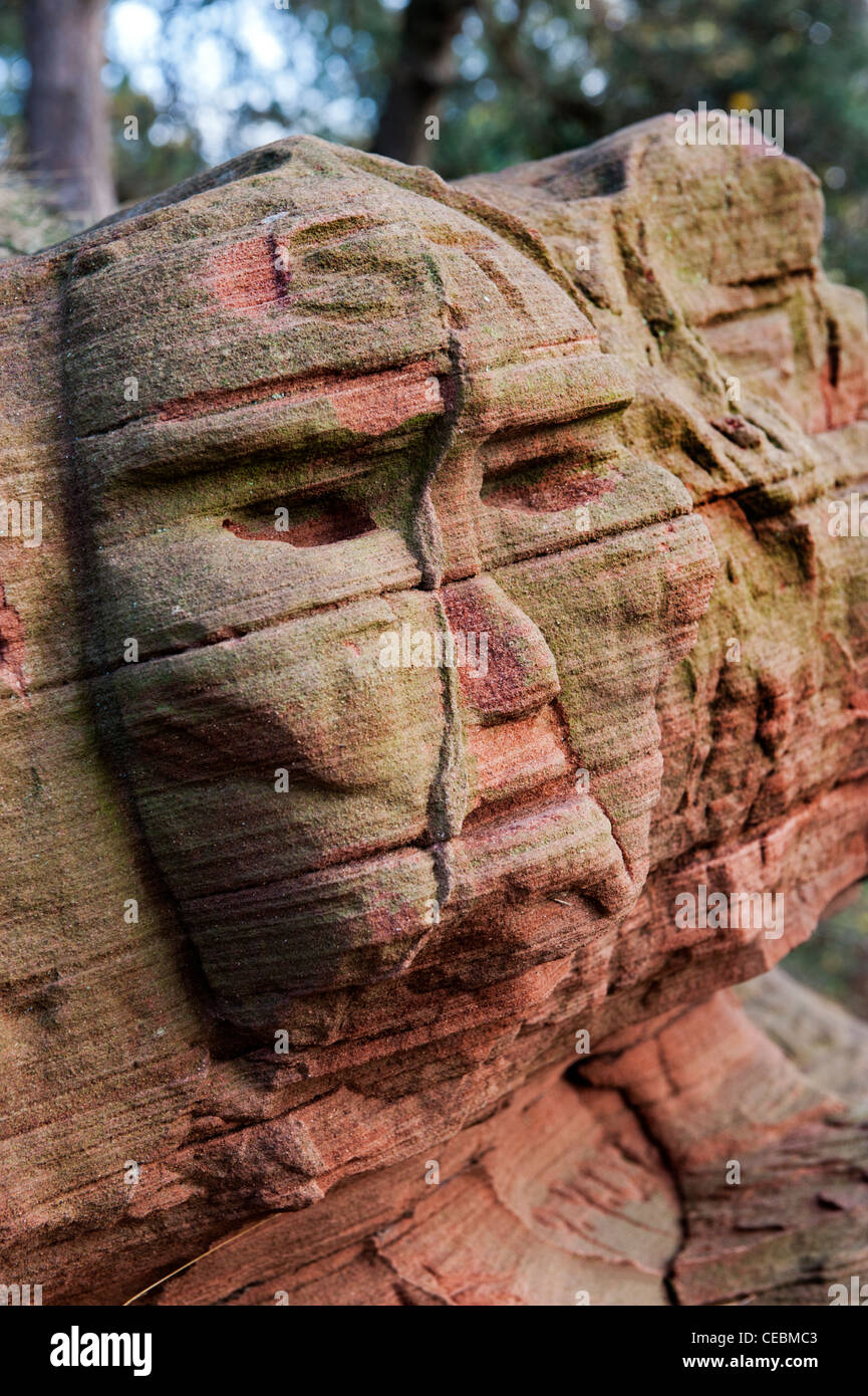 Sphinx-comme des visages sculptés dans la roche de grès, Bridgnorth , Shropshire Banque D'Images