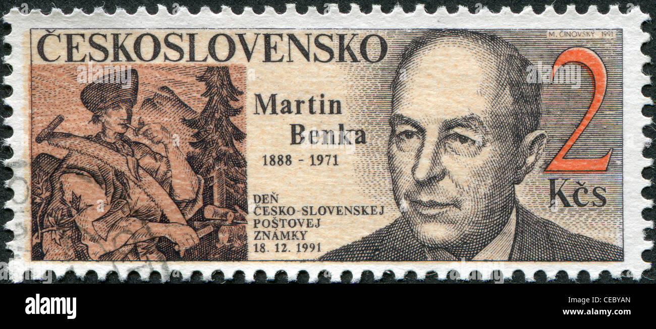 Un timbre imprimé dans la Tchécoslovaquie, montre un peintre et illustrateur slovaque, Martin Ithaque, vers 1991 Banque D'Images