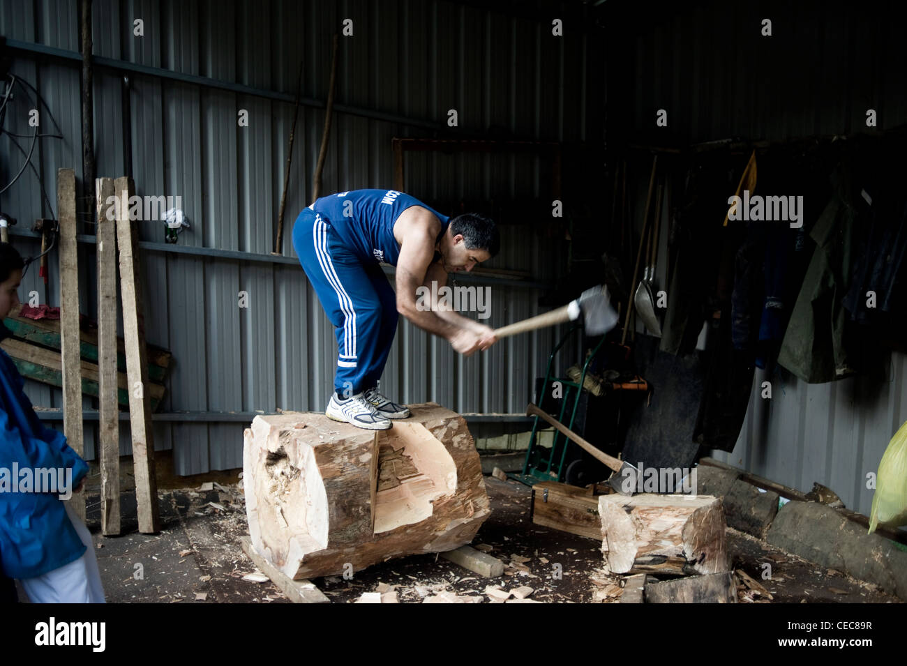 Ernesto Ezpeleta 'Bihurri', ou coupe-bois aizkolari en langue basque. La formation près de chez lui à Mendaro. Sport rural basque Banque D'Images