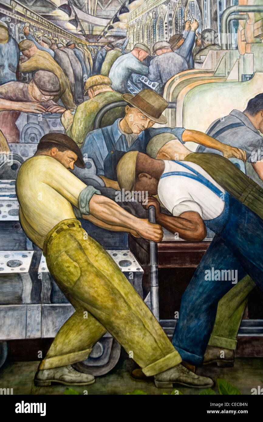 Le noir et blanc les travailleurs de l'automobile travaillent ensemble dans une fresque de l'artiste mexicain Diego Rivera Banque D'Images
