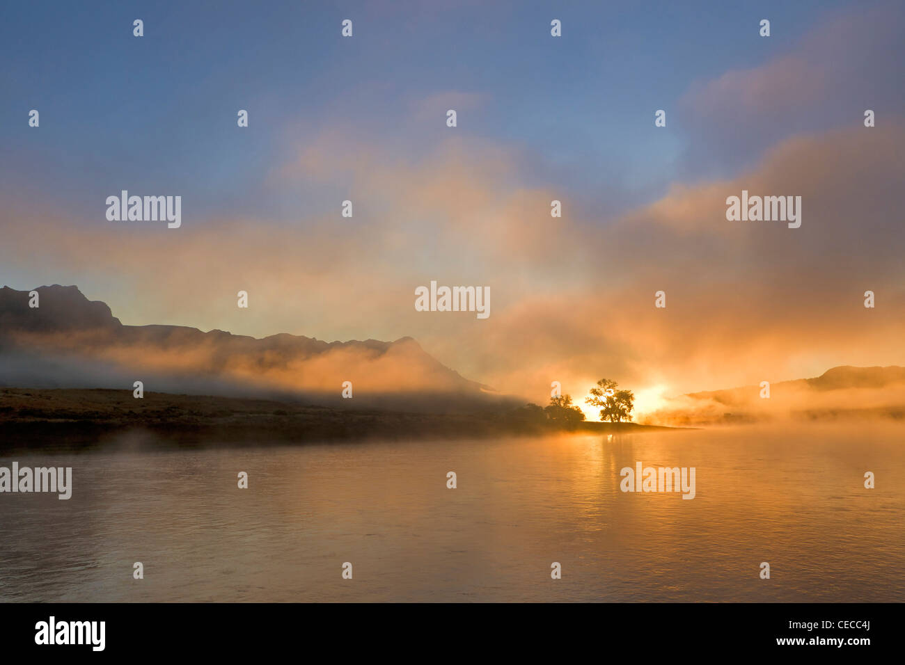 Morning Sunrise Burns, dans le brouillard sur la rivière Missouri, à la partie supérieure de la rivière Missouri Breaks National Monument, Montana, USA Banque D'Images